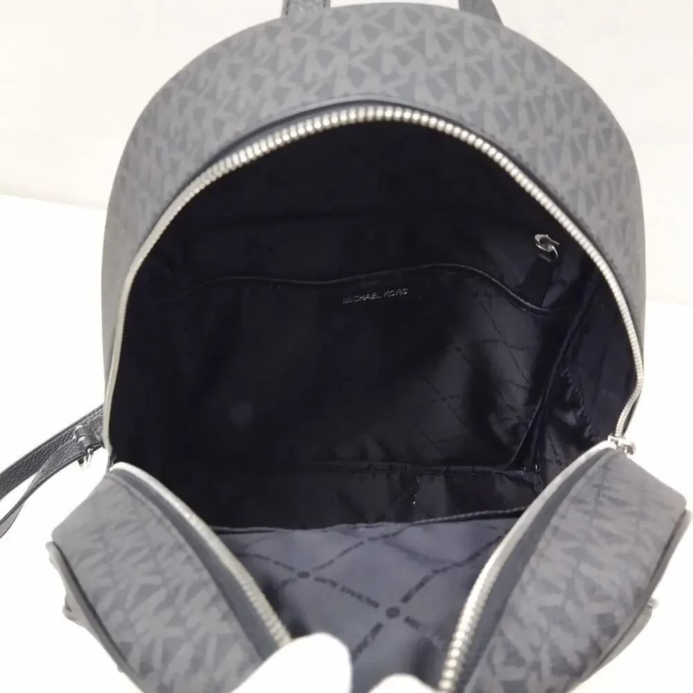 Michael Kors Black Coated Canvas Leather Trim MK Printed Zipper Backpack